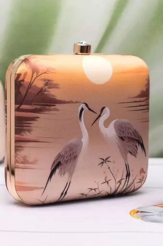 Twin cranes sunset printed clutch for women with detachable strap