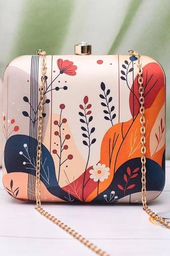 Abstract floral modern printed clutch for women with detachable chain strap
