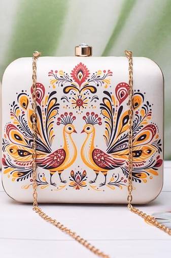 Royal twin peacocks pattern portrait clutch for women with detachable strap