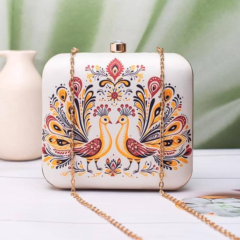 Royal twin peacocks pattern portrait clutch for women with detachable strap
