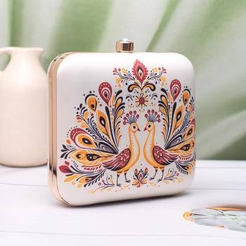 Royal twin peacocks pattern portrait clutch for women with detachable strap 2