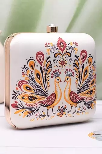 Royal twin peacocks pattern portrait clutch for women with detachable strap