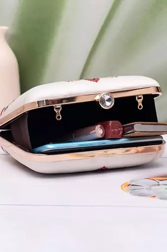 Royal twin peacocks pattern portrait clutch for women with detachable strap