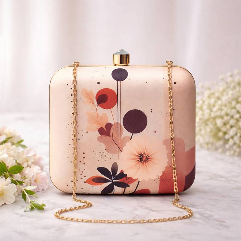 Minimal floral abstract printed clutch bag for women with detachable strap