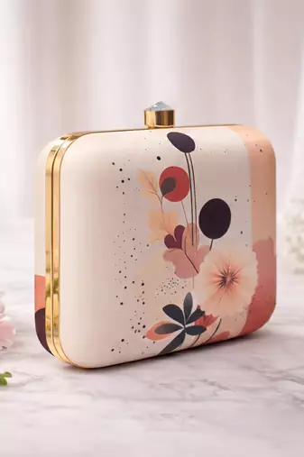 Minimal floral abstract printed clutch bag for women with detachable strap