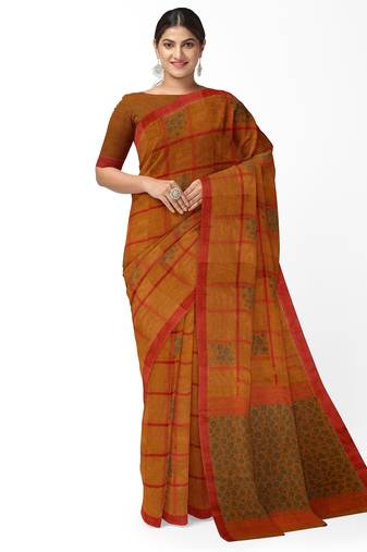 rust orange checked cotton blend saree with red border