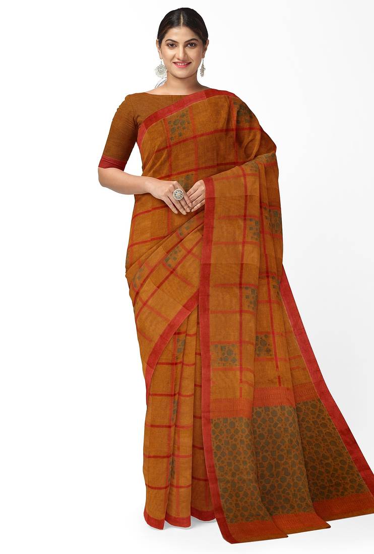 rust orange checked cotton blend saree with red border