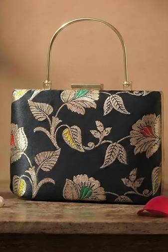 Deep blue heritage embroidered clutch bag for women with detachable strap