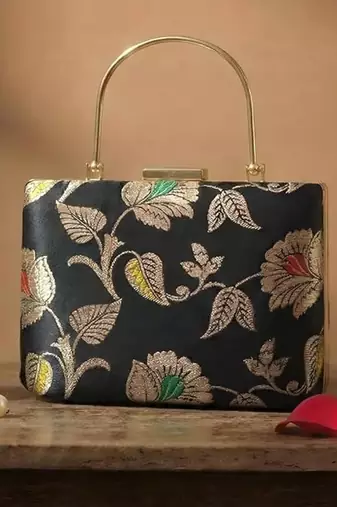 Deep blue heritage embroidered clutch bag for women with detachable strap