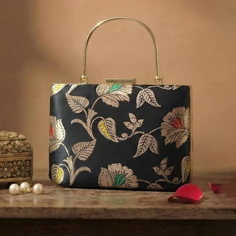 Deep blue heritage embroidered clutch bag for women with detachable strap