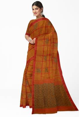 rust orange checked cotton blend saree with red border 2