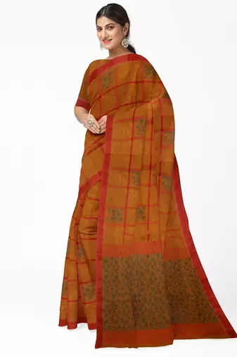 rust orange checked cotton blend saree with red border