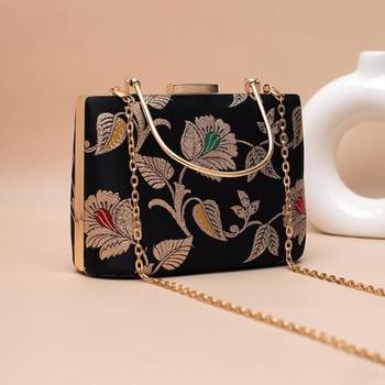 Deep blue heritage embroidered clutch bag for women with detachable strap 2