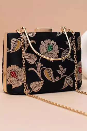 Deep blue heritage embroidered clutch bag for women with detachable strap
