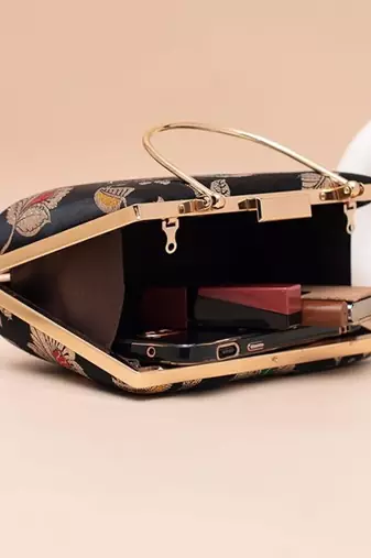 Deep blue heritage embroidered clutch bag for women with detachable strap