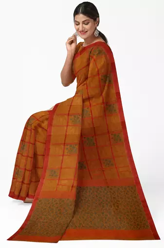 rust orange checked cotton blend saree with red border