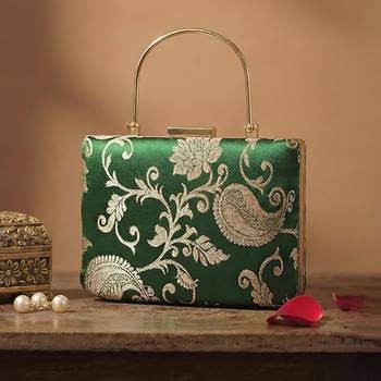 Emerald green gold embroidered clutch bag for women with detachable strap 1