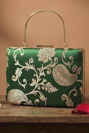 Emerald green gold embroidered clutch bag for women with detachable strap