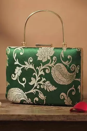 Emerald green gold embroidered clutch bag for women with detachable strap