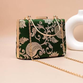 Emerald green gold embroidered clutch bag for women with detachable strap 2