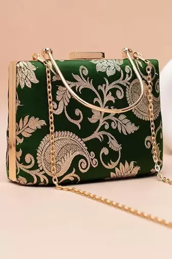 Emerald green gold embroidered clutch bag for women with detachable strap