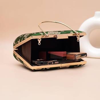 Emerald green gold embroidered clutch bag for women with detachable strap 3