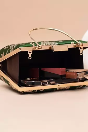Emerald green gold embroidered clutch bag for women with detachable strap