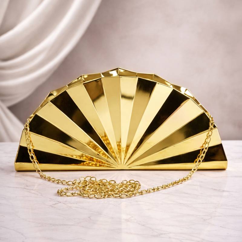 Elegant golden fan-shaped acrylic clutch bag for women with detachable strap