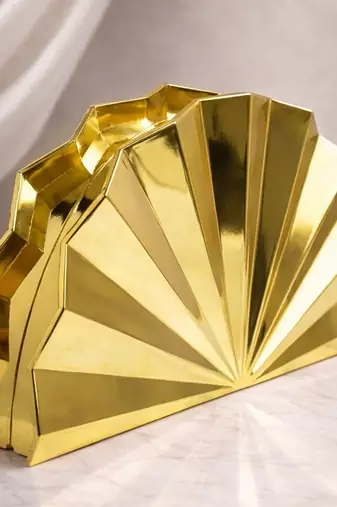 Elegant golden fan-shaped acrylic clutch bag for women with detachable strap
