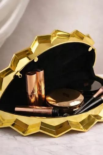 Elegant golden fan-shaped acrylic clutch bag for women with detachable strap