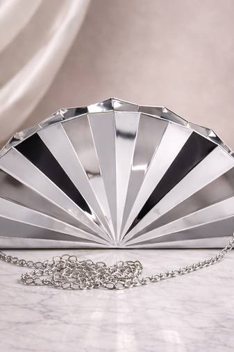 Elegant silver fan-shaped acrylic clutch bag for women with detachable strap