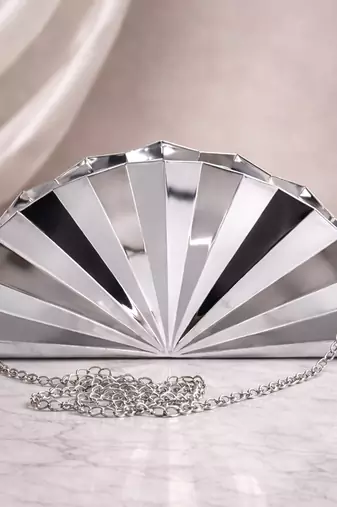 Elegant silver fan-shaped acrylic clutch bag for women with detachable strap