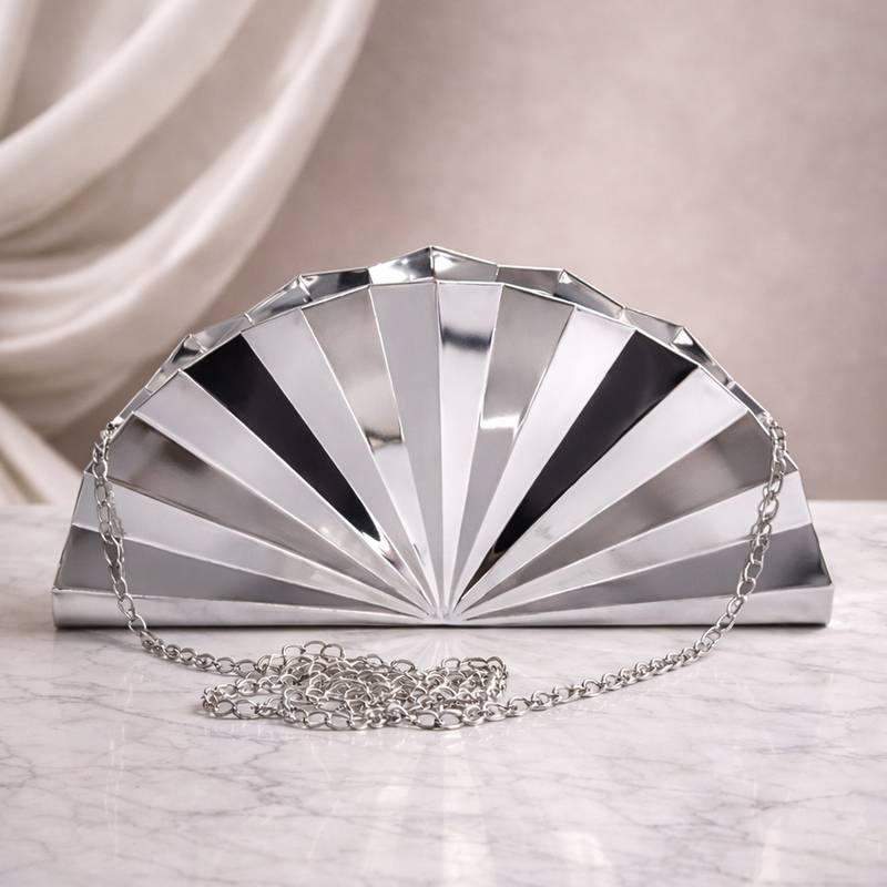 Elegant silver fan-shaped acrylic clutch bag for women with detachable strap