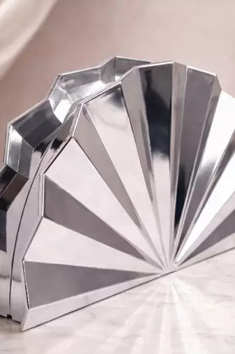 Elegant silver fan-shaped acrylic clutch bag for women with detachable strap