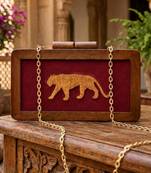Elegance golden jaguar wooden clutch bag for women with detachable strap