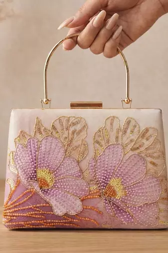 Printed blush pink  embroidery clutch bag for women with detachable strap