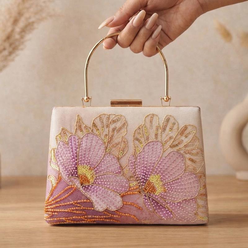 Printed blush pink  embroidery clutch bag for women with detachable strap