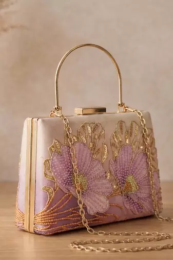 Printed blush pink  embroidery clutch bag for women with detachable strap