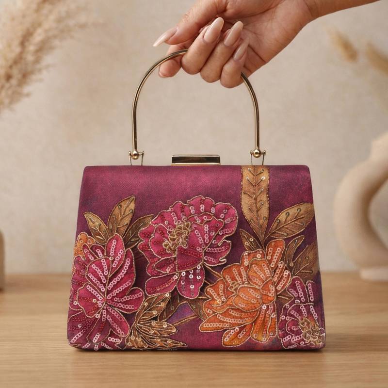 Printed burgundy bag for women clutch bag for women with detachable strap