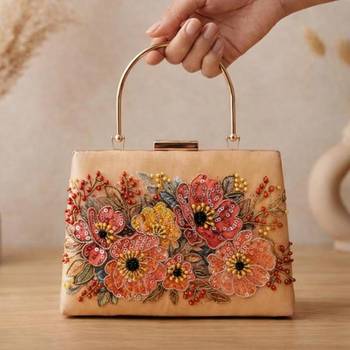 Printed champagne floral beaded bag for women with detachable strap 1