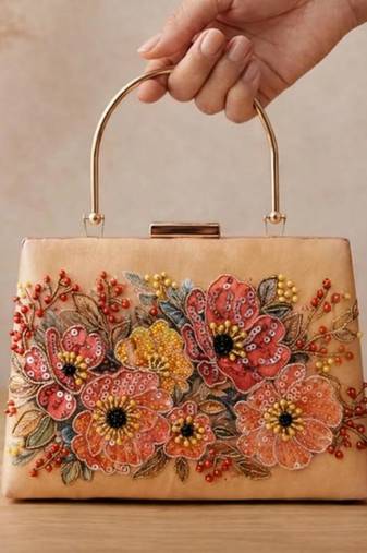Printed champagne floral beaded bag for women with detachable strap