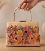 Printed champagne floral beaded bag for women with detachable strap