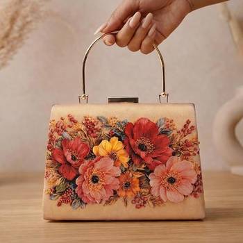 Printed champagne floral beaded bag for women with detachable strap 2