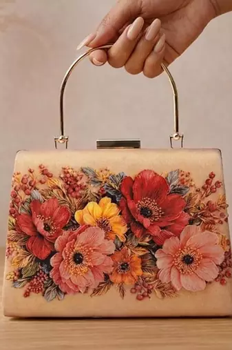 Printed champagne floral beaded bag for women with detachable strap