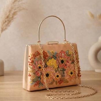 Printed champagne floral beaded bag for women with detachable strap 3
