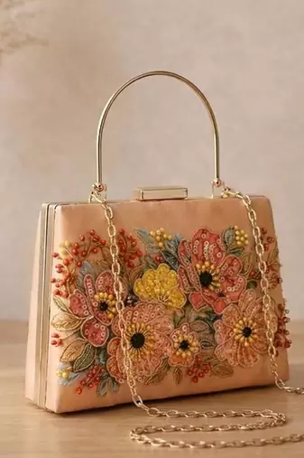 Printed champagne floral beaded bag for women with detachable strap