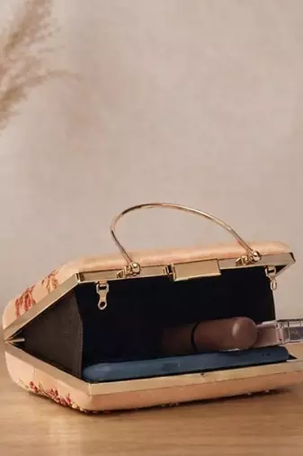 Printed champagne floral beaded bag for women with detachable strap