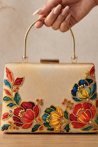 Printed gold floral  bag for women clutch bag for women with detachable strap
