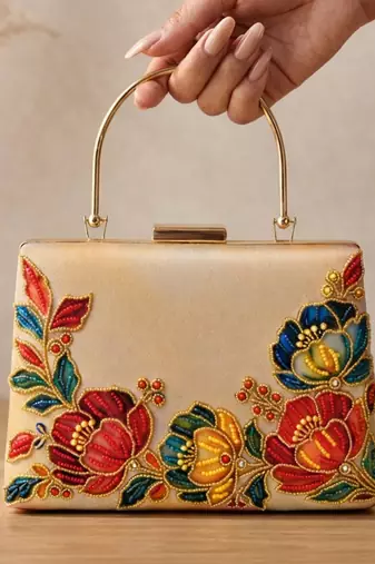 Printed gold floral  bag for women clutch bag for women with detachable strap