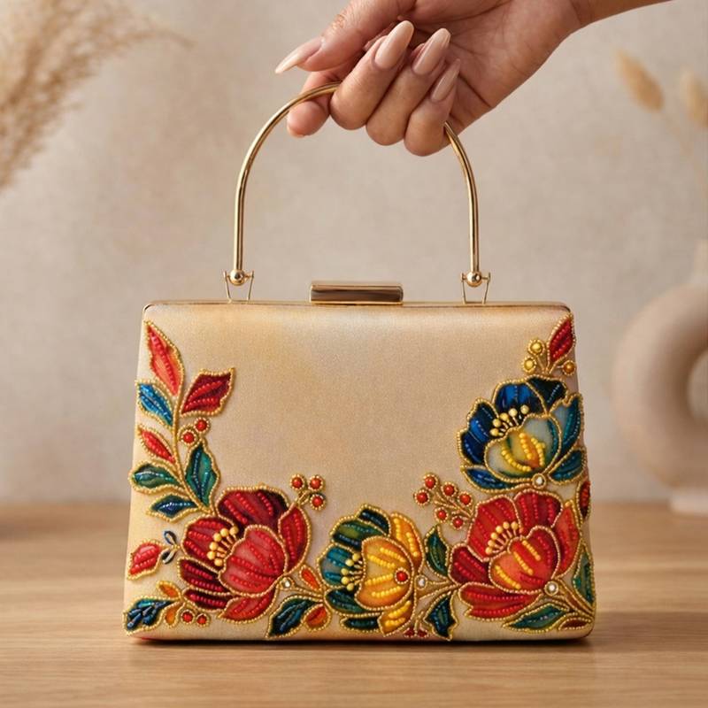 Printed gold floral  bag for women clutch bag for women with detachable strap